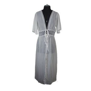 Women's flutter sleeve eyelet lace waist tie front bedroom robe nightgown‎ XL